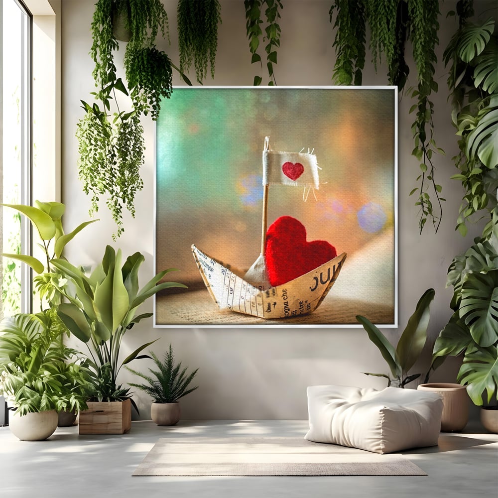Tablou canvas cu barca din hartie cu inima rosie, in rama de aluminiu argintiu